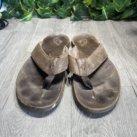 Olukai Pikoi Dark Wood Men’s Size 13 M Brown Leather Thong Sandals Flip Flops main image 4